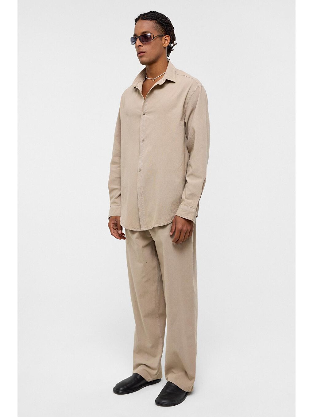 Basic Oversize Keten Takım Bej-2