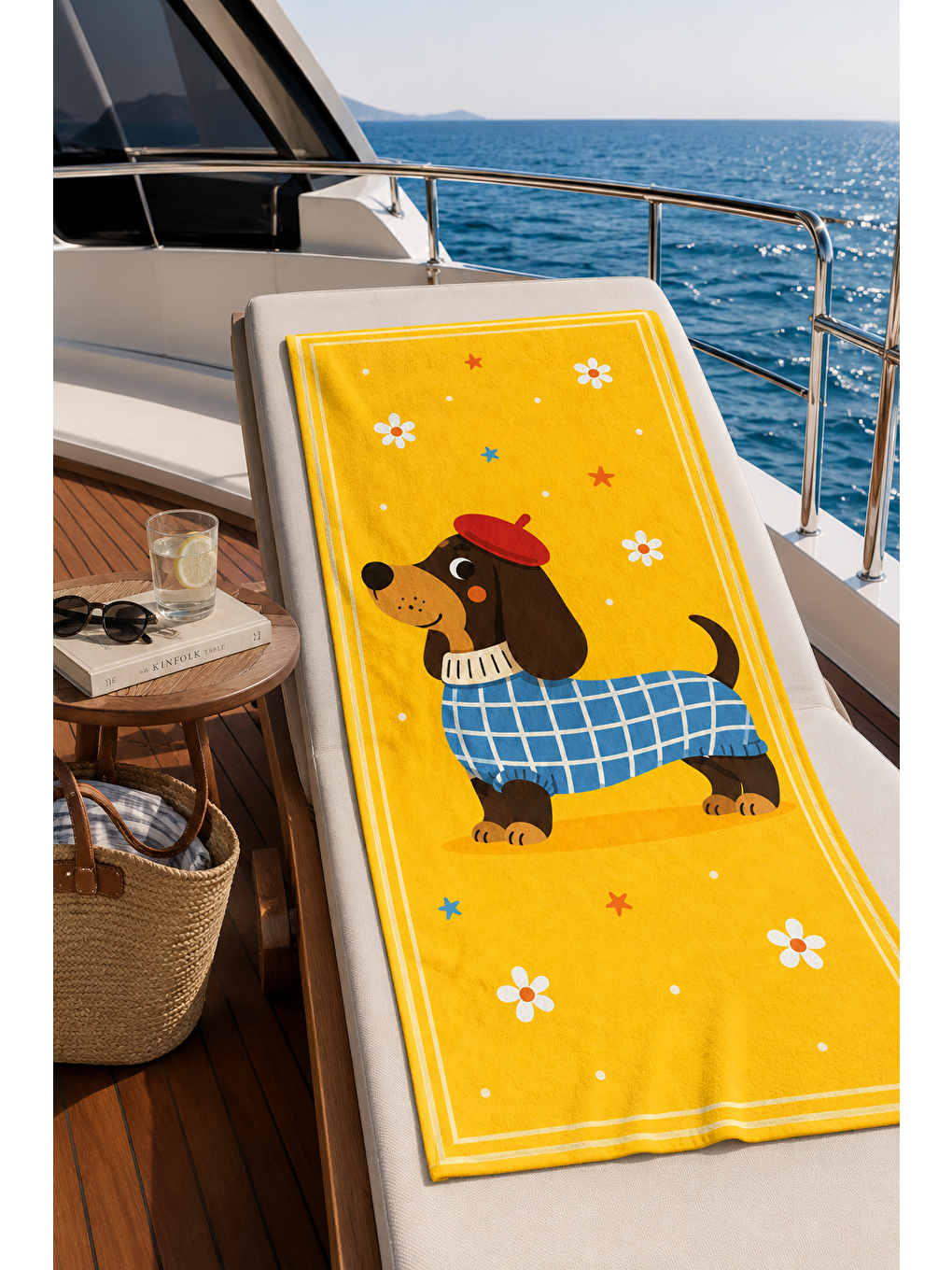 Bej Sarı Dachshund Pati Desenli 70x150 Plaj Havlusu-4