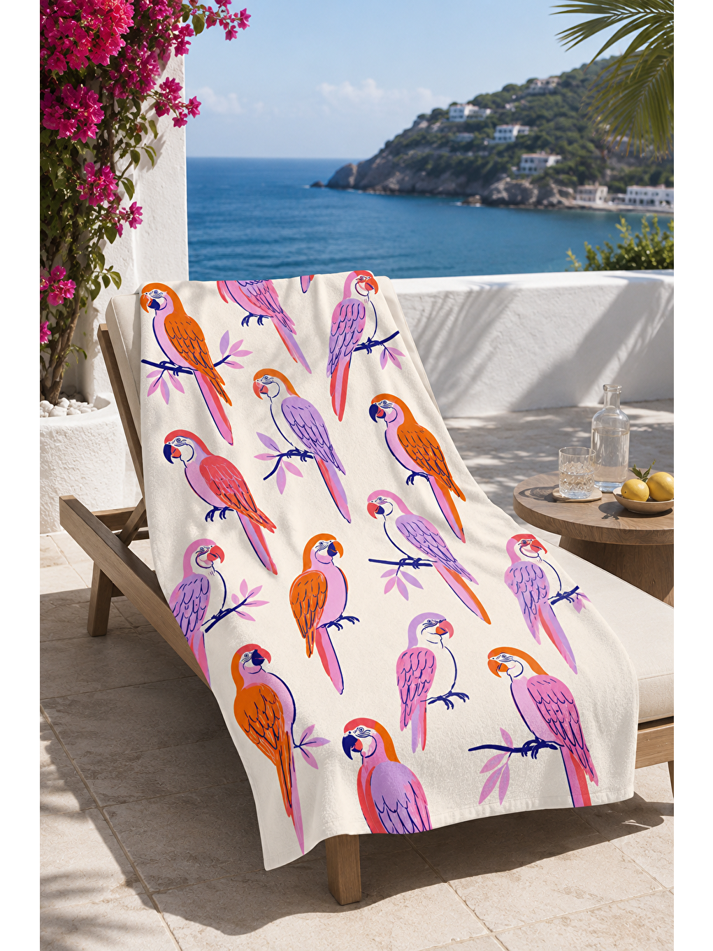 Bej Renkli Kuş Tropik Desenli 70x150 Plaj Havlusu-4