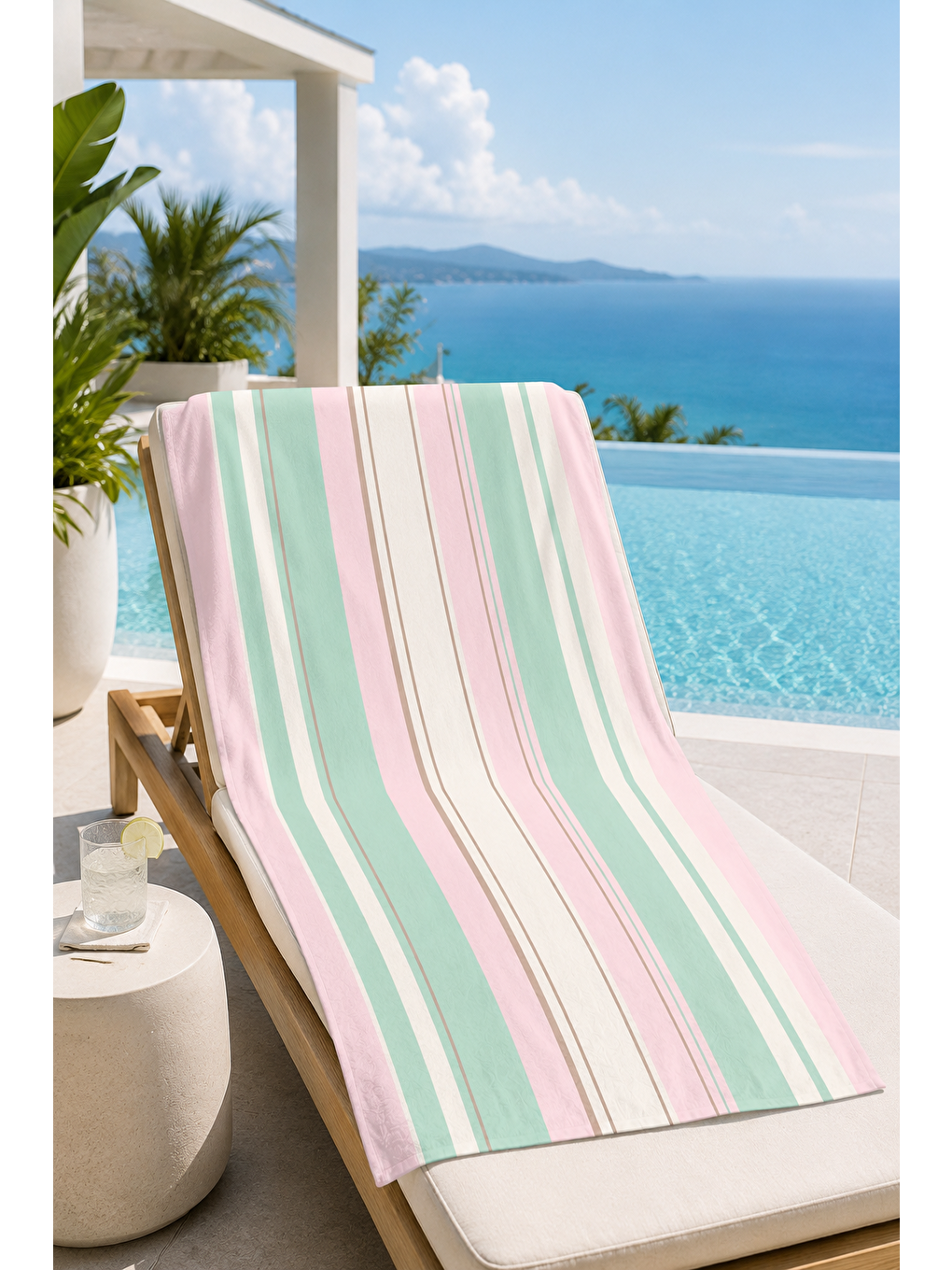 Turkuaz Pembe Mint İnce Şerit Desenli 70x150 Plaj Havlusu-5