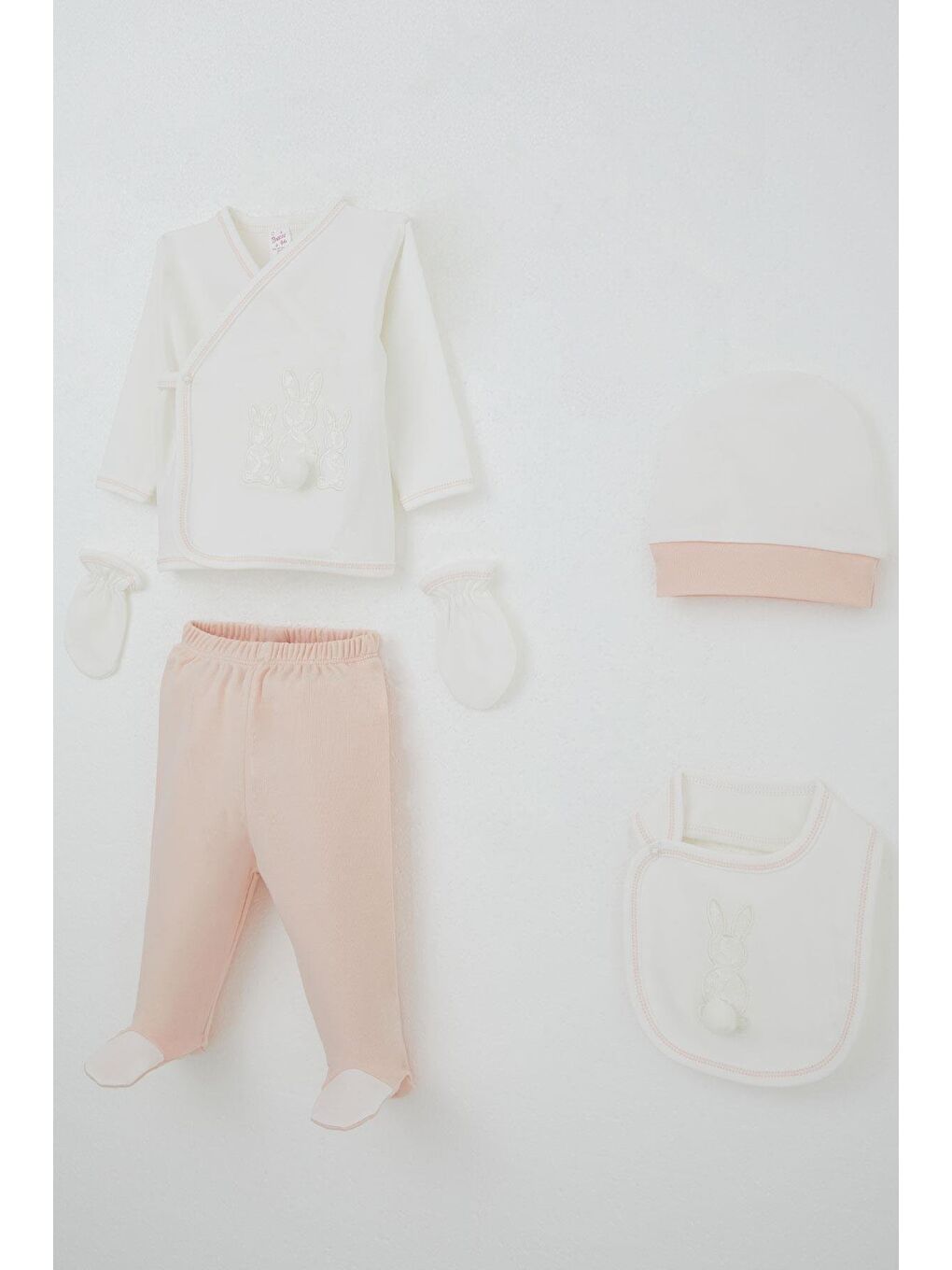 Kız Bebek Hastane Çıkışı 5 Li Ponponlu Tavşancık Nakışlı Ekru (0-3 Ay)-1