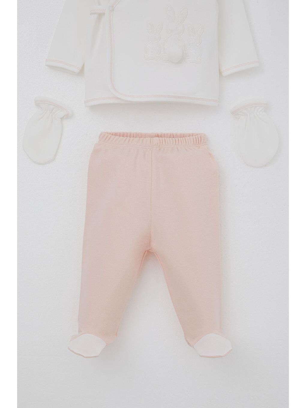 Kız Bebek Hastane Çıkışı 5 Li Ponponlu Tavşancık Nakışlı Ekru (0-3 Ay)-3