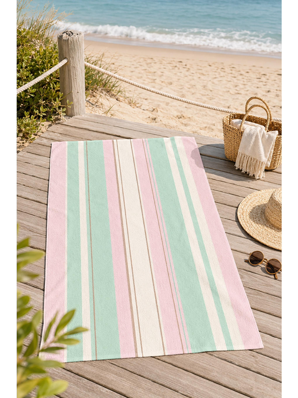 Turkuaz Pembe Mint İnce Şerit Desenli 70x150 Plaj Havlusu-6