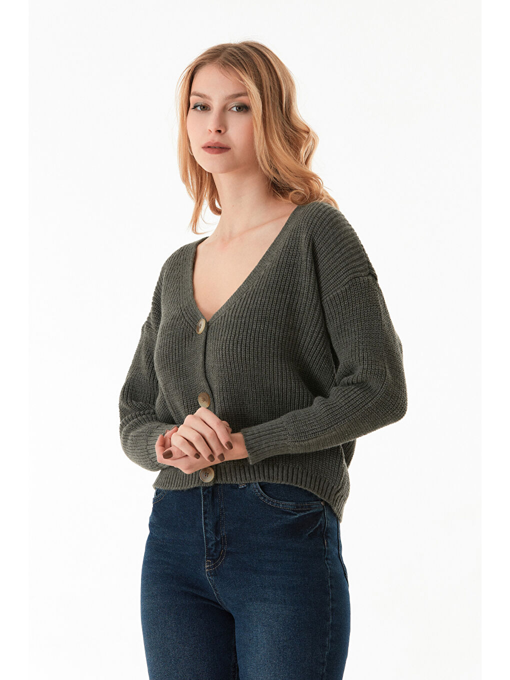 Haki Düğmeli V Yaka Triko Hırka