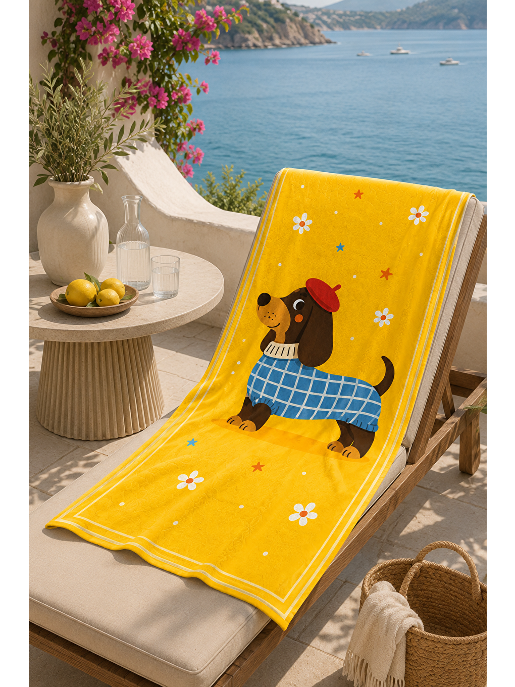 Bej Sarı Dachshund Pati Desenli 70x150 Plaj Havlusu-5