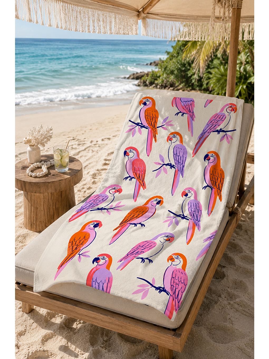 Bej Renkli Kuş Tropik Desenli 70x150 Plaj Havlusu-5