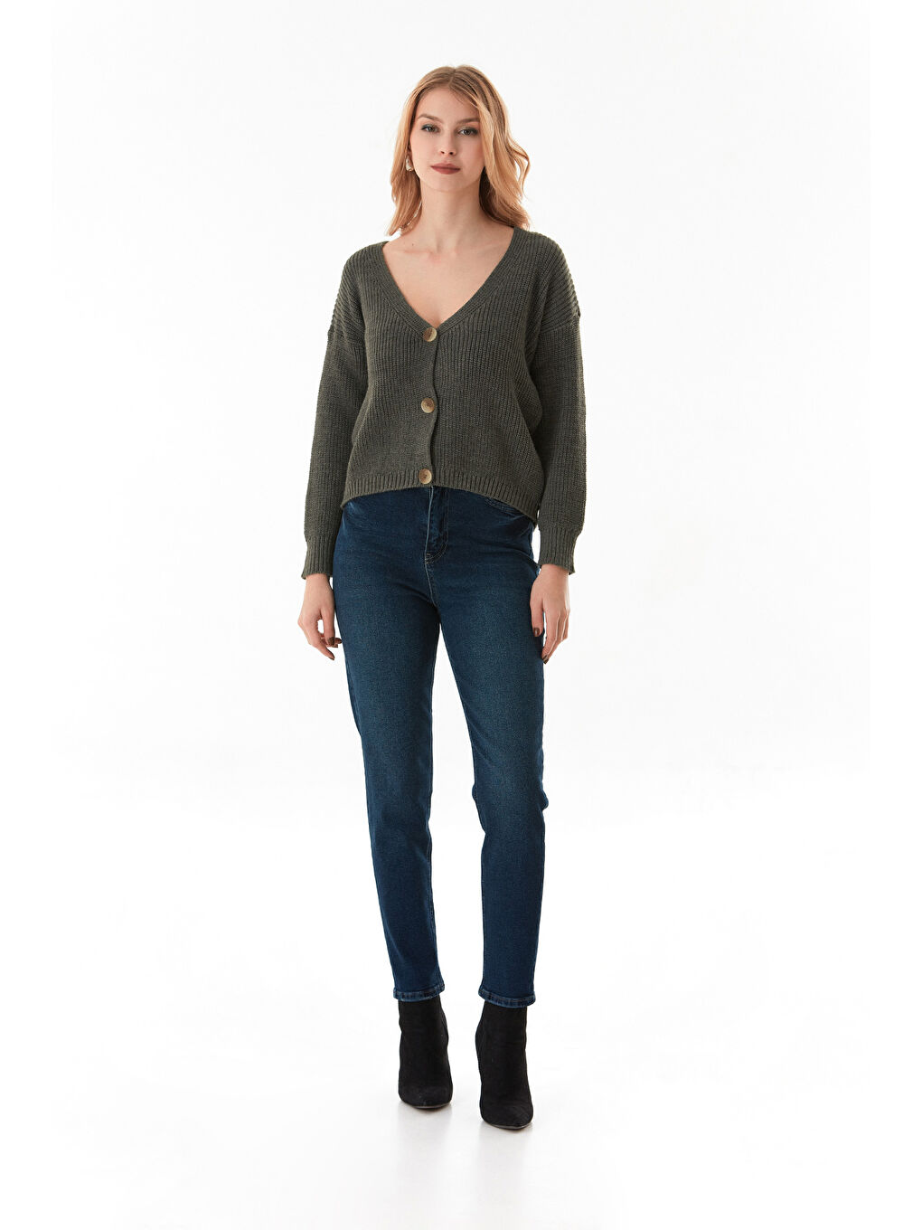 Haki Düğmeli V Yaka Triko Hırka-1