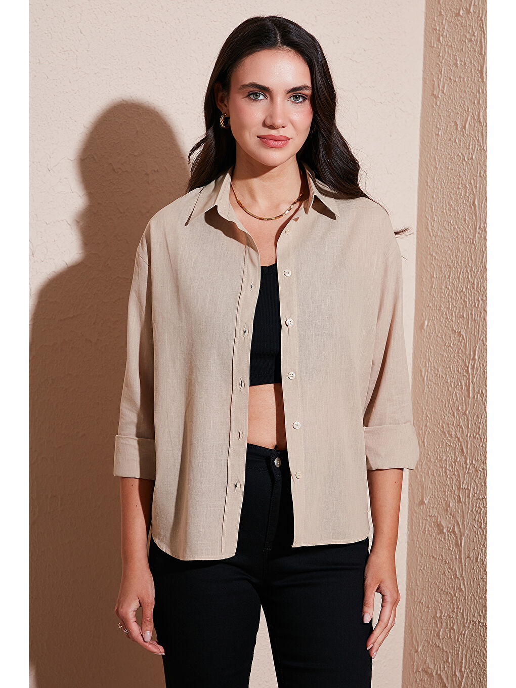 Sarı Keten Ve Pamuk Karışımlı Regular Fit Önü Kısa Arkası Uzun Kadın Gömlek 6772853