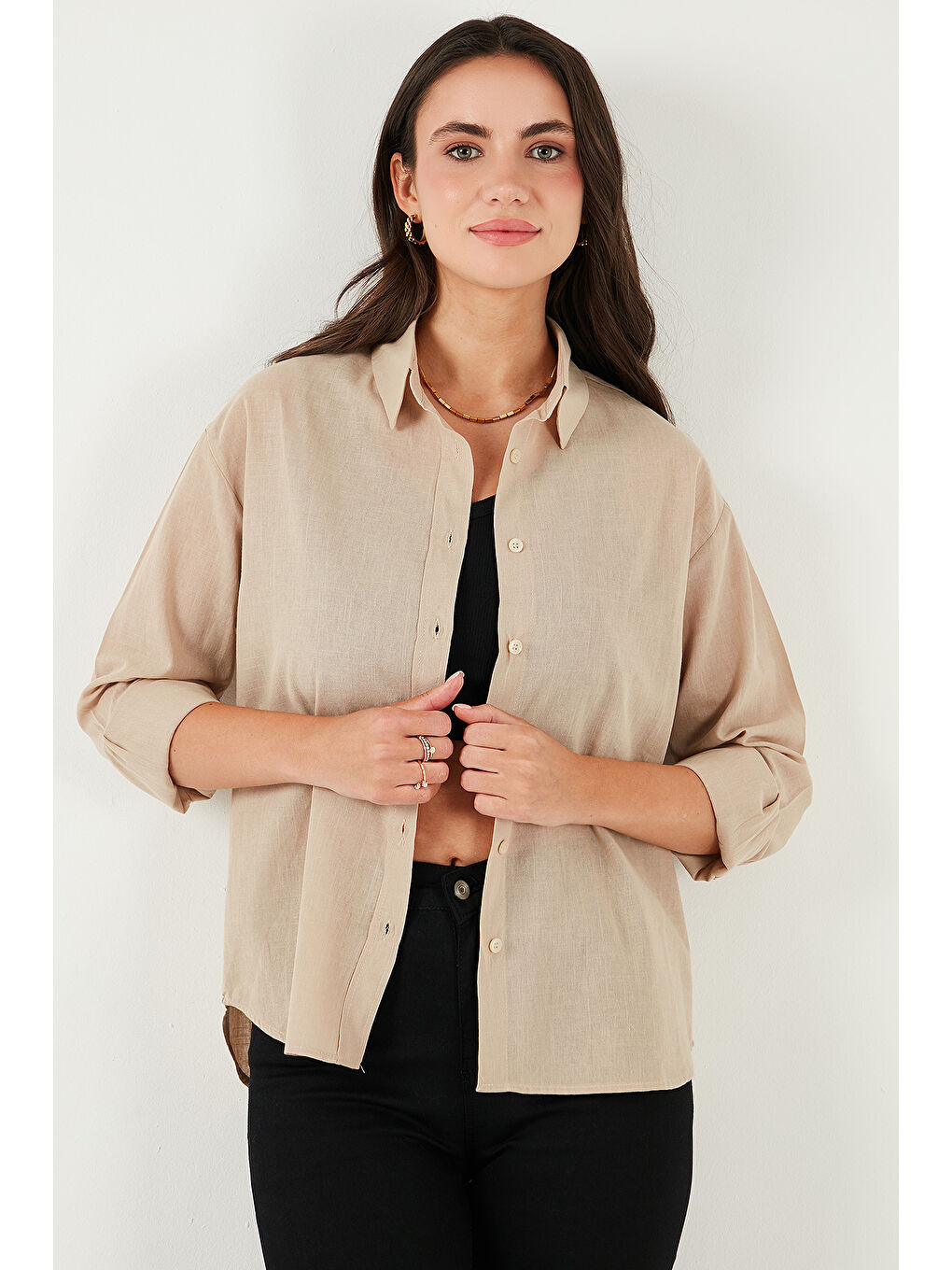 Sarı Keten Ve Pamuk Karışımlı Regular Fit Önü Kısa Arkası Uzun Kadın Gömlek 6772853-1