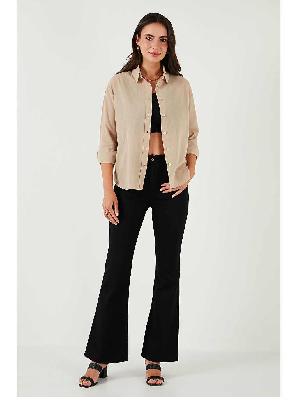 Sarı Keten Ve Pamuk Karışımlı Regular Fit Önü Kısa Arkası Uzun Kadın Gömlek 6772853-2