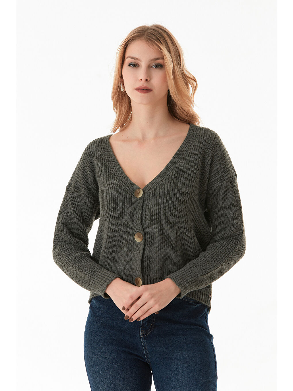 Haki Düğmeli V Yaka Triko Hırka-2