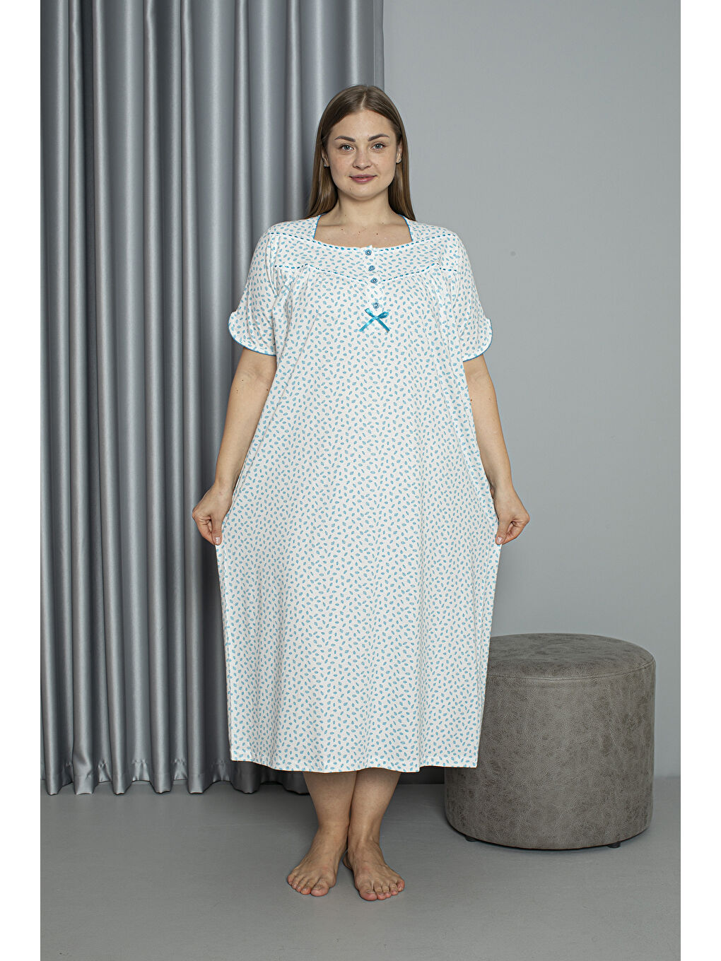 Turkuaz %100 Pamuklu Penye Kısa Kollu Büyük Beden Anne Geceliği 133