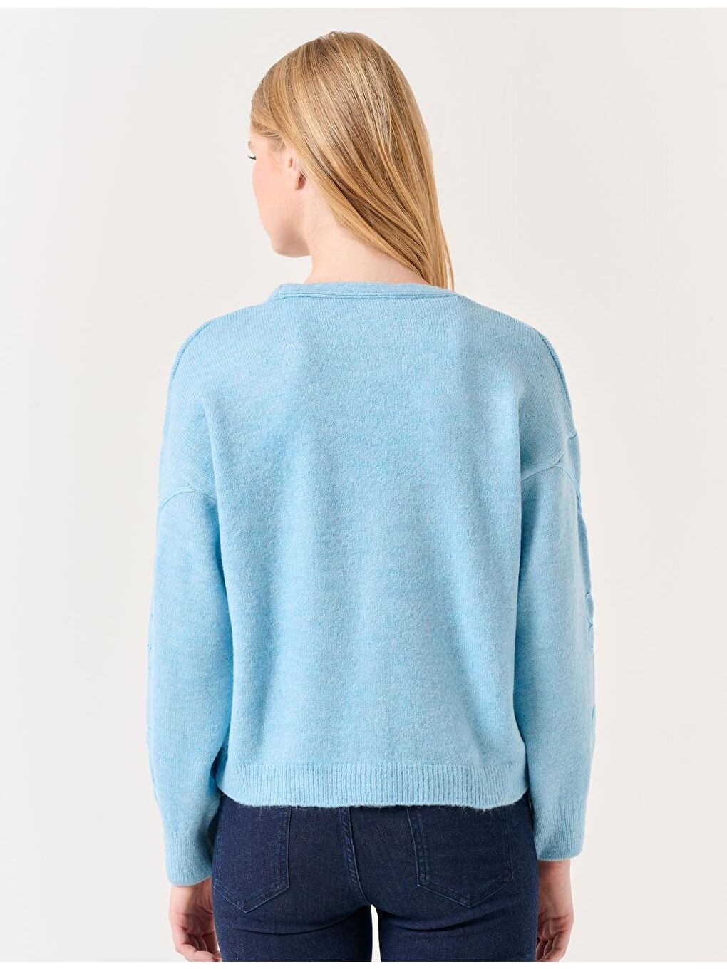 Açık Mavi V Yaka Çiçek Desenli Triko Hırka-5