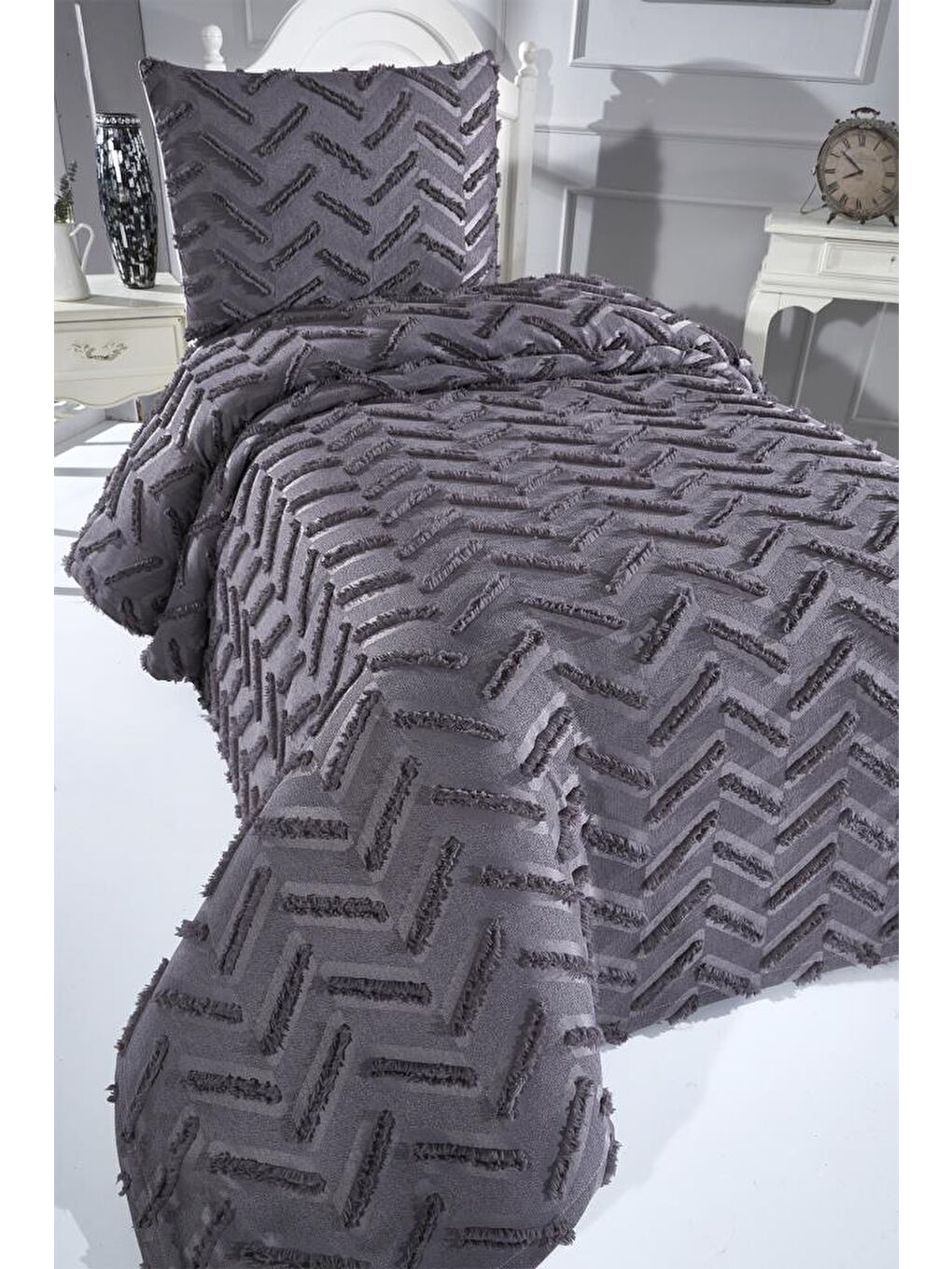 Zigra 2 Parça Tek Kişilik Pike Takımı Antrasit-1