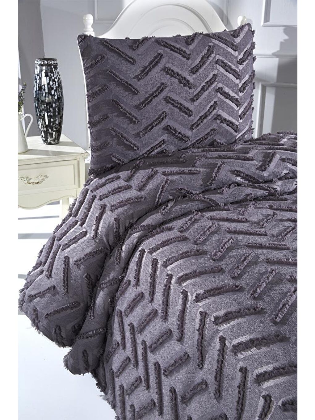 Zigra 2 Parça Tek Kişilik Pike Takımı Antrasit-2