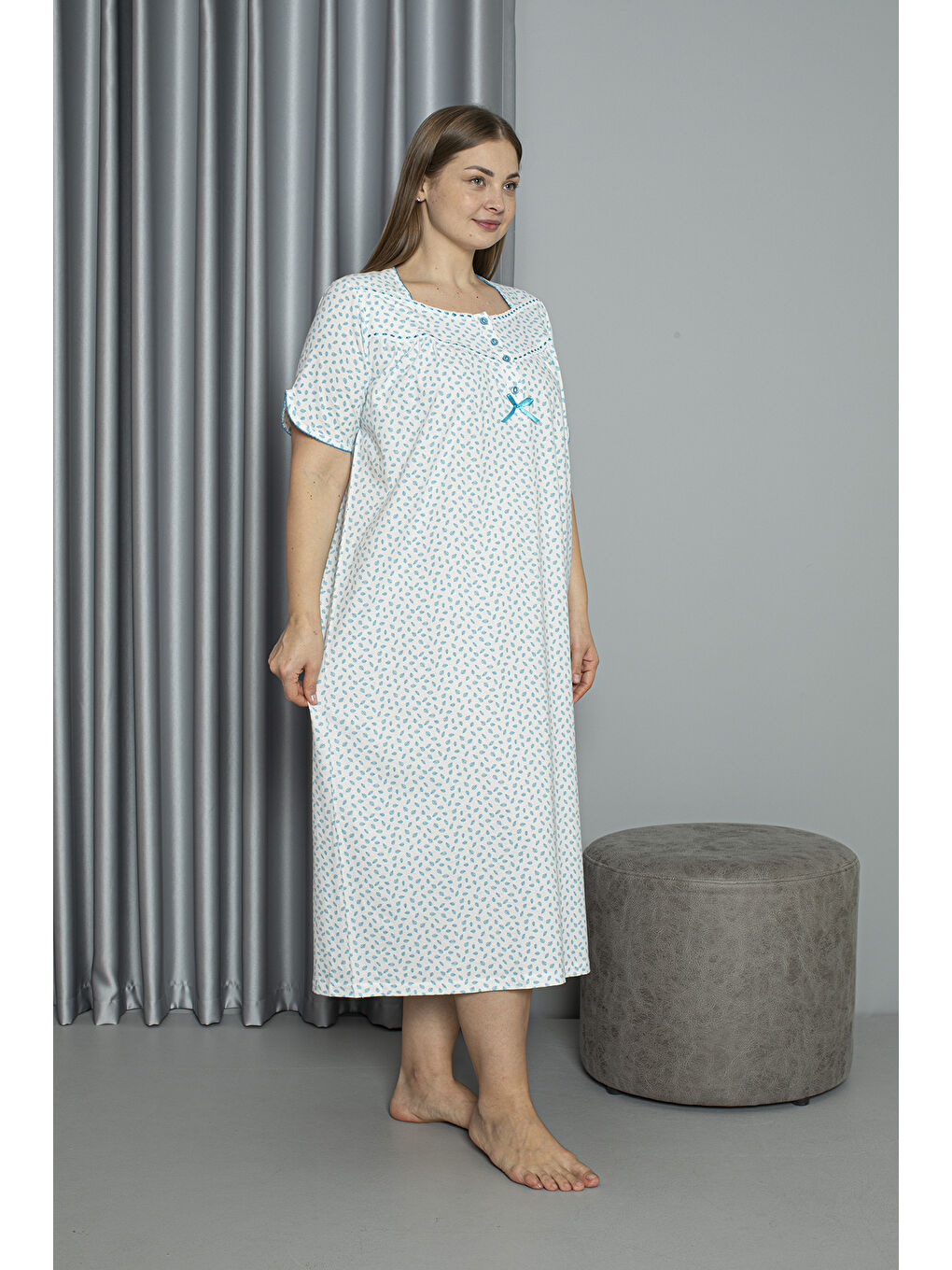 Turkuaz %100 Pamuklu Penye Kısa Kollu Büyük Beden Anne Geceliği 133-1