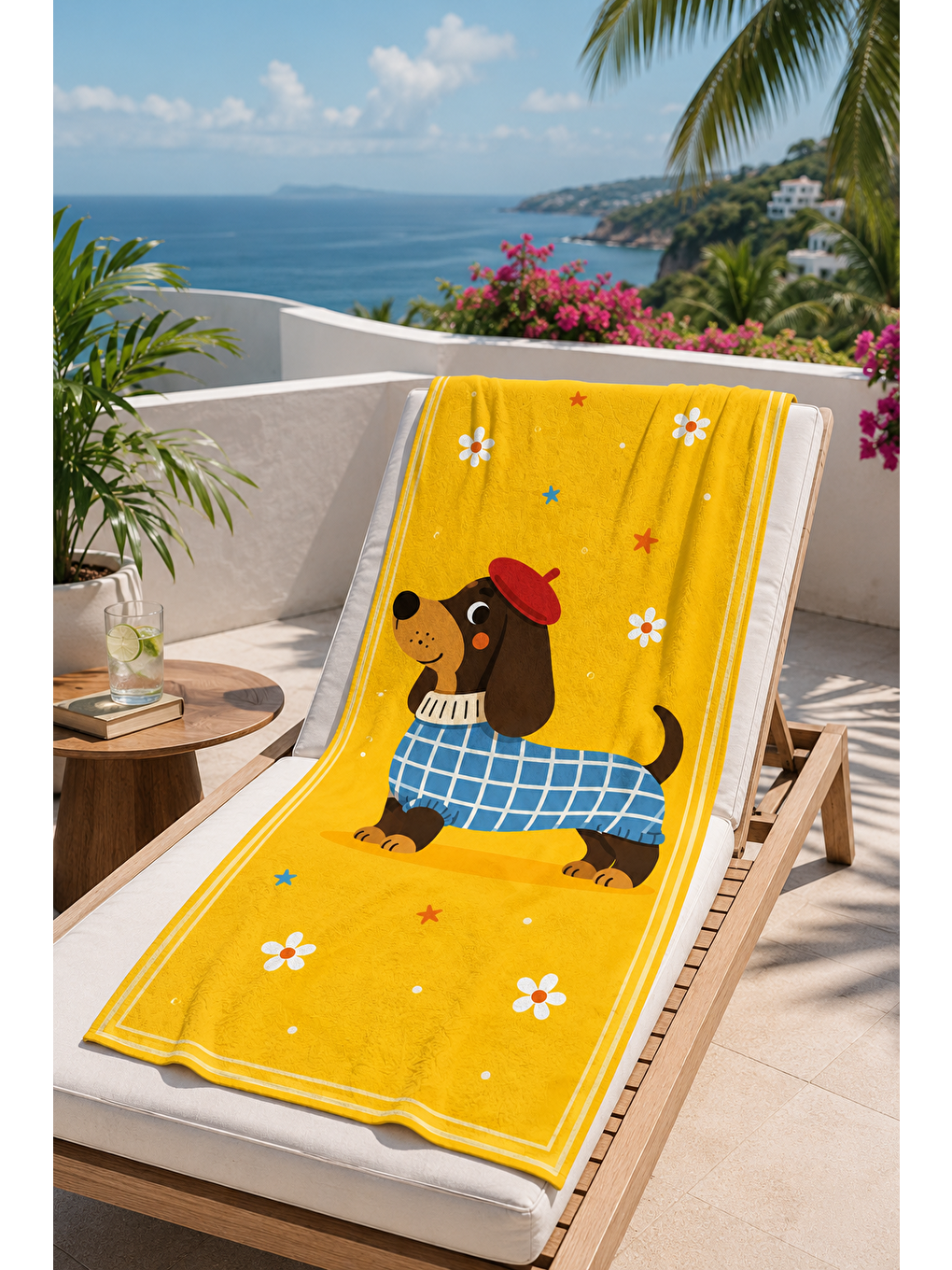 Bej Sarı Dachshund Pati Desenli 70x150 Plaj Havlusu-6