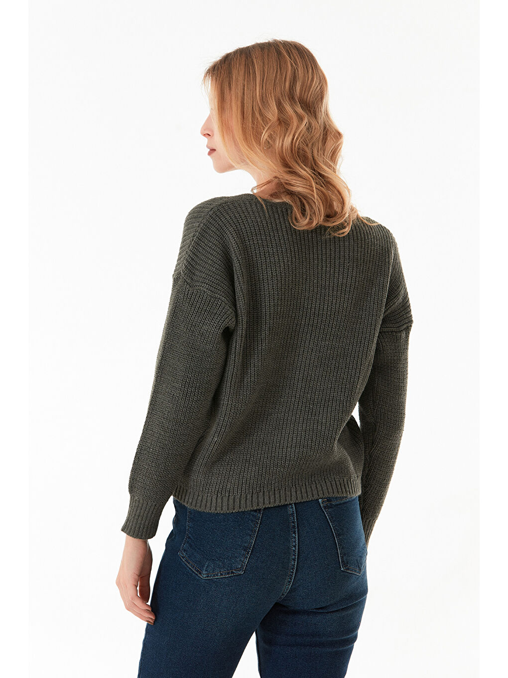 Haki Düğmeli V Yaka Triko Hırka-4