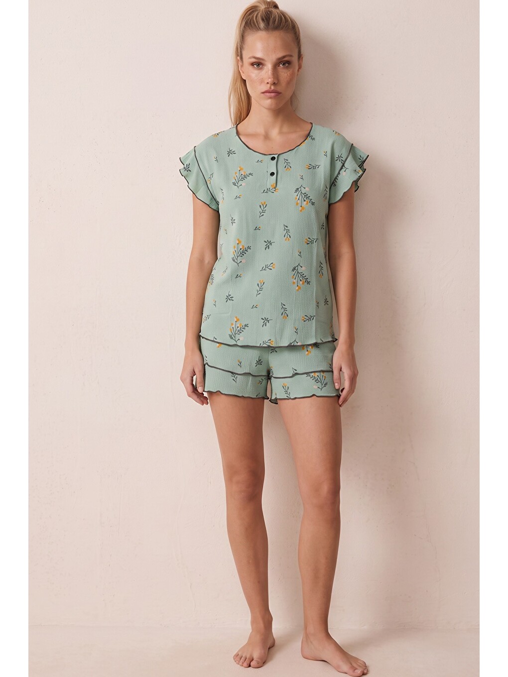 Yeşil Bürümcük-krınkıl Şortlu Pijama Takım 26120175-1