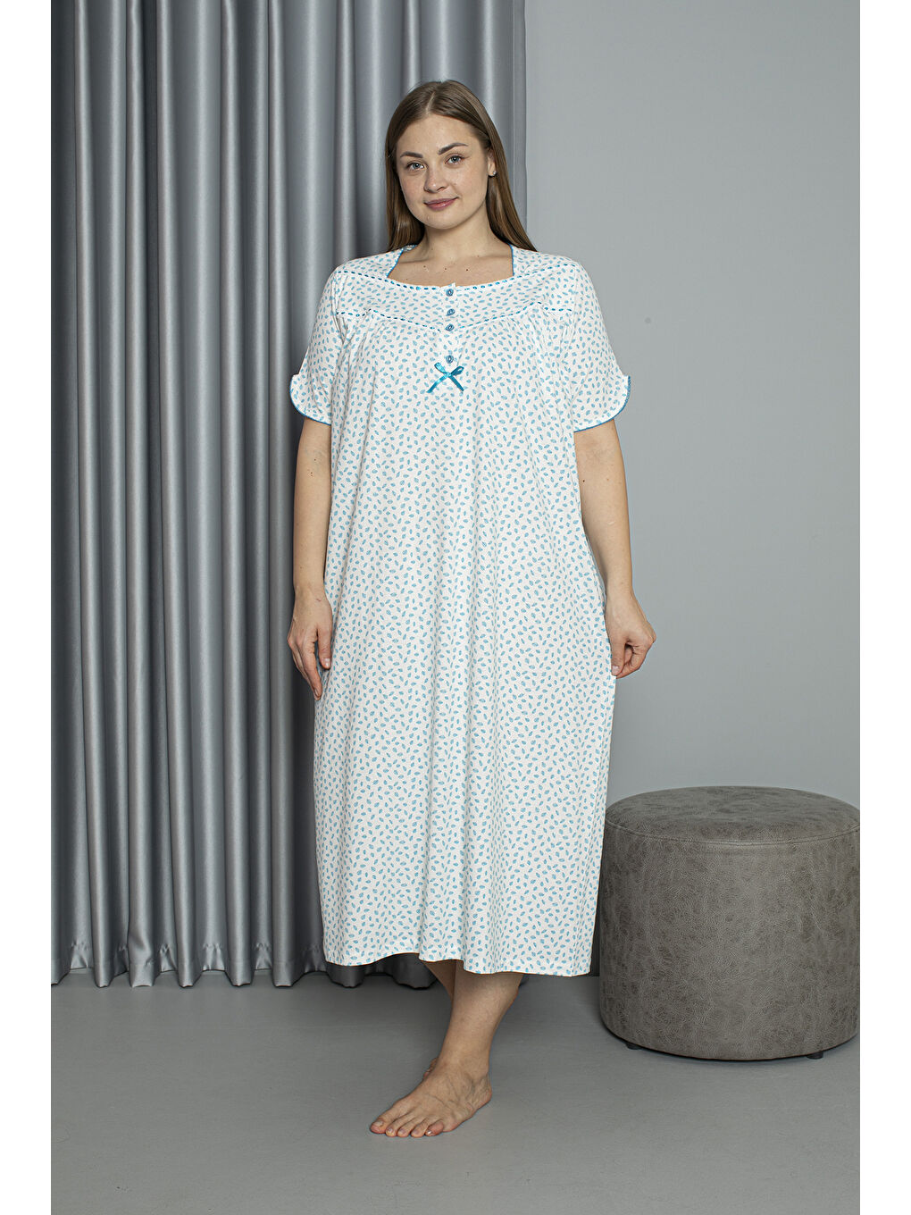 Turkuaz %100 Pamuklu Penye Kısa Kollu Büyük Beden Anne Geceliği 133-2