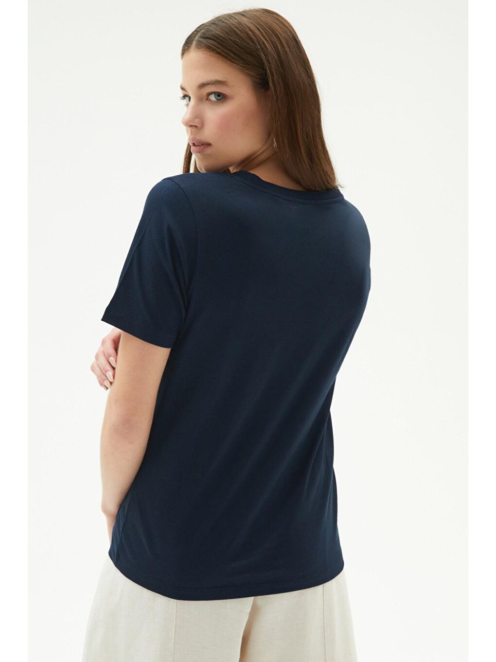 June Lacivert V yaka %100 Pamuk Basic T-Shirt - 1