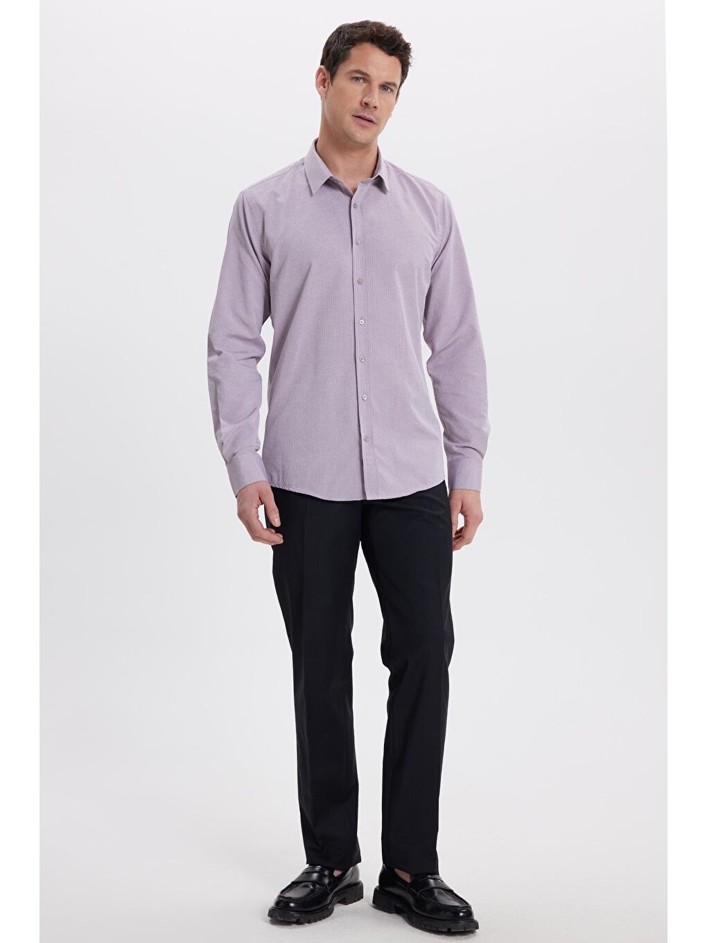 Pembe Modern Slim Fit Uzun Kollu Pamuklu Kolay Ütü Armürlü Gül Kurusu Erkek Gömlek-3