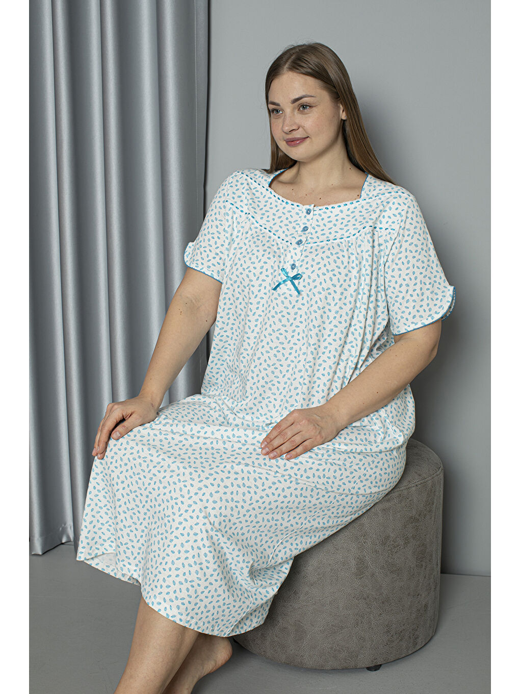 Turkuaz %100 Pamuklu Penye Kısa Kollu Büyük Beden Anne Geceliği 133-3