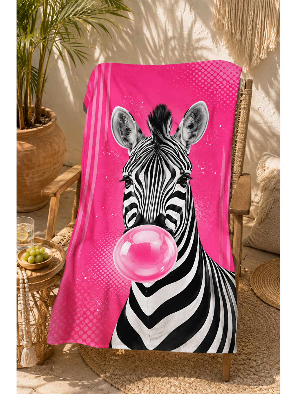 Beyaz Pembe Zebra Sakız Desenli 70x150 Plaj Havlusu-1