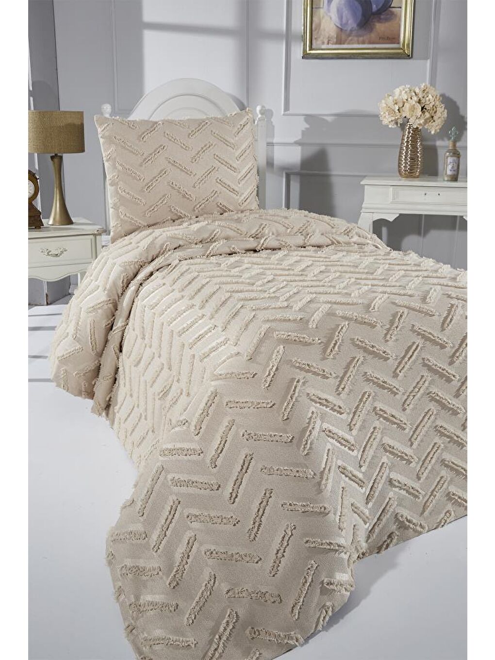 Zigra 2 Parça Tek Kişilik Pike Takımı Bej-1