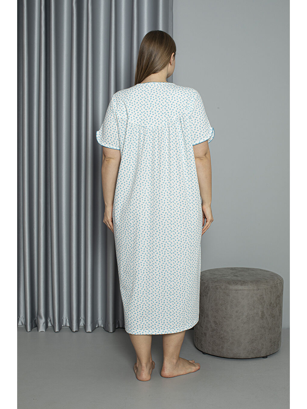Turkuaz %100 Pamuklu Penye Kısa Kollu Büyük Beden Anne Geceliği 133-4