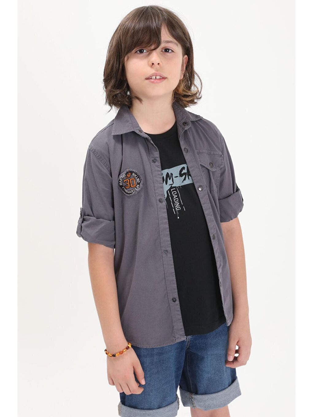 Gri Armalı Yazı Baskılı Tişörtlü Gömlek 16152