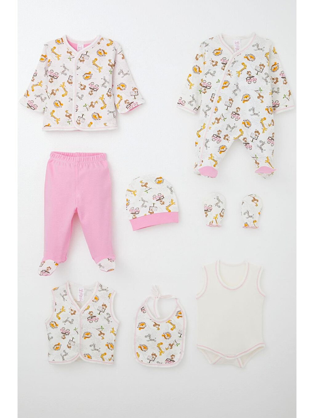 Kız Bebek Hastane Çıkışı 8 Li Safari Macerası Sevimli Hayvancıklar Desenli Ekru (0-3 Ay)