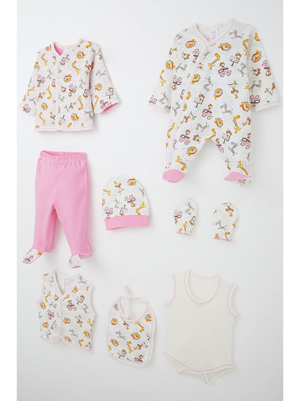 Kız Bebek Hastane Çıkışı 8 Li Safari Macerası Sevimli Hayvancıklar Desenli Ekru (0-3 Ay)-1
