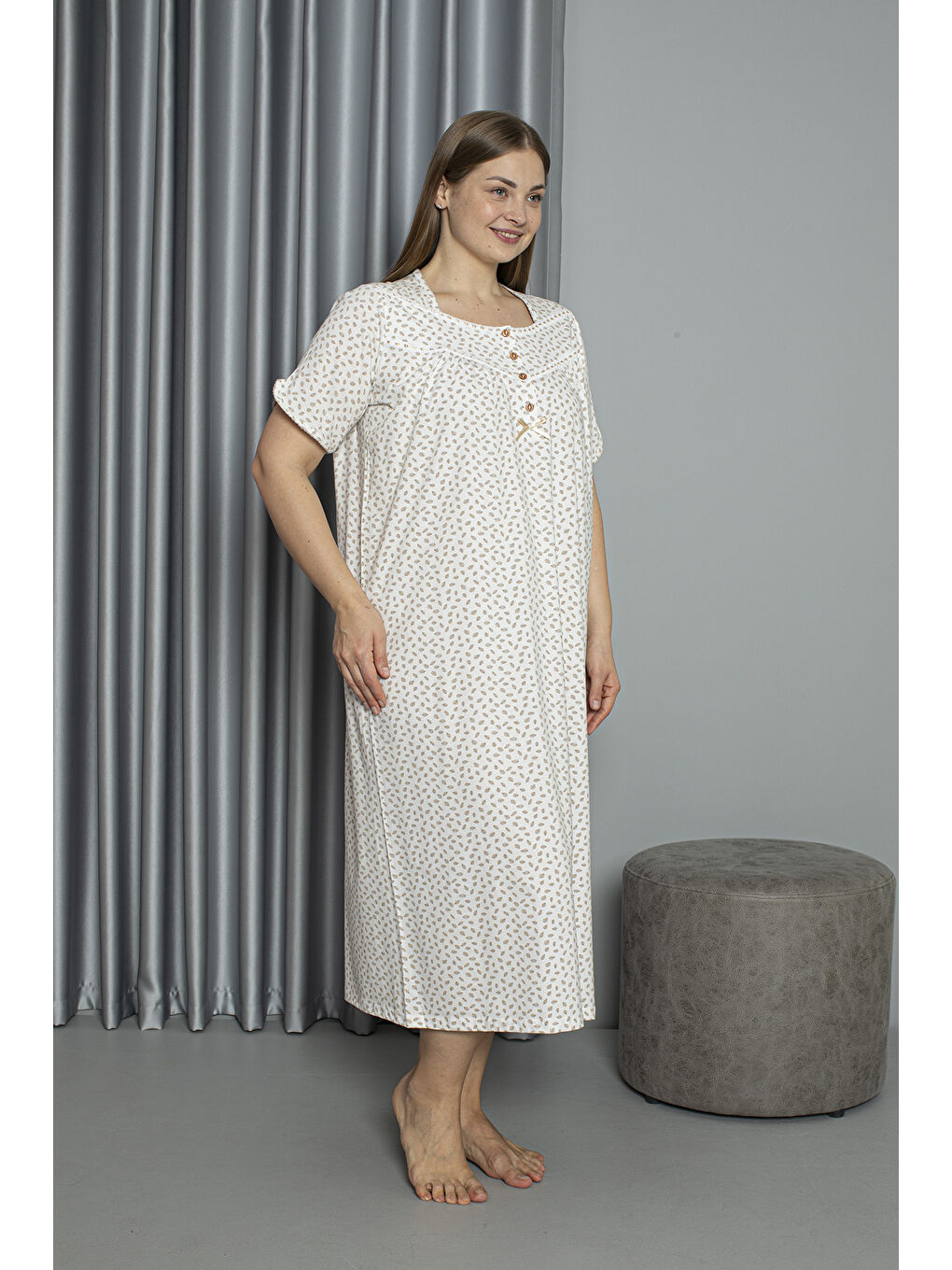 Kahverengi %100 Pamuklu Penye Kısa Kollu Büyük Beden Anne Geceliği 133-1