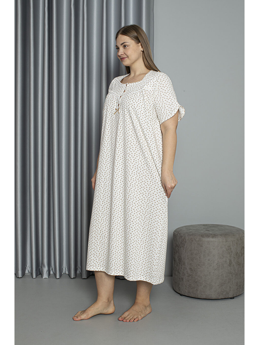 Kahverengi %100 Pamuklu Penye Kısa Kollu Büyük Beden Anne Geceliği 133-2