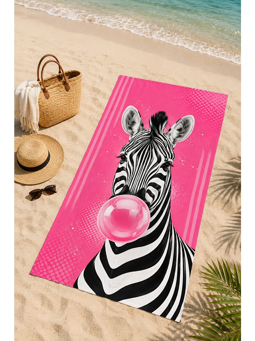 Beyaz Pembe Zebra Sakız Desenli 70x150 Plaj Havlusu-3