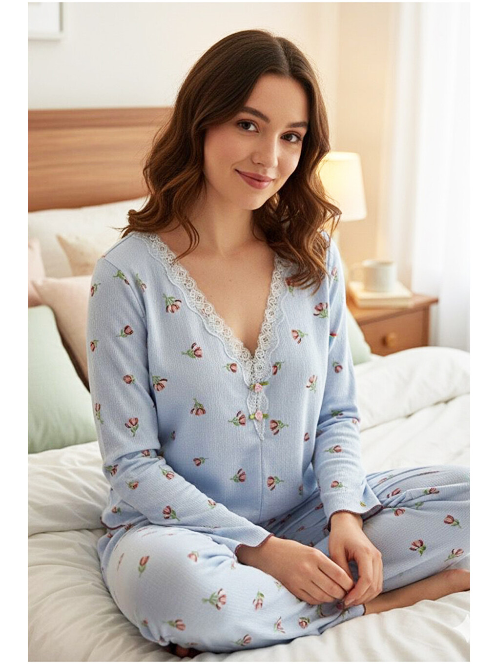 Mavi Çiçek Desenli Dantelli Bürümcük-krınkıl Uzun Kollu Pijama Takım 7958