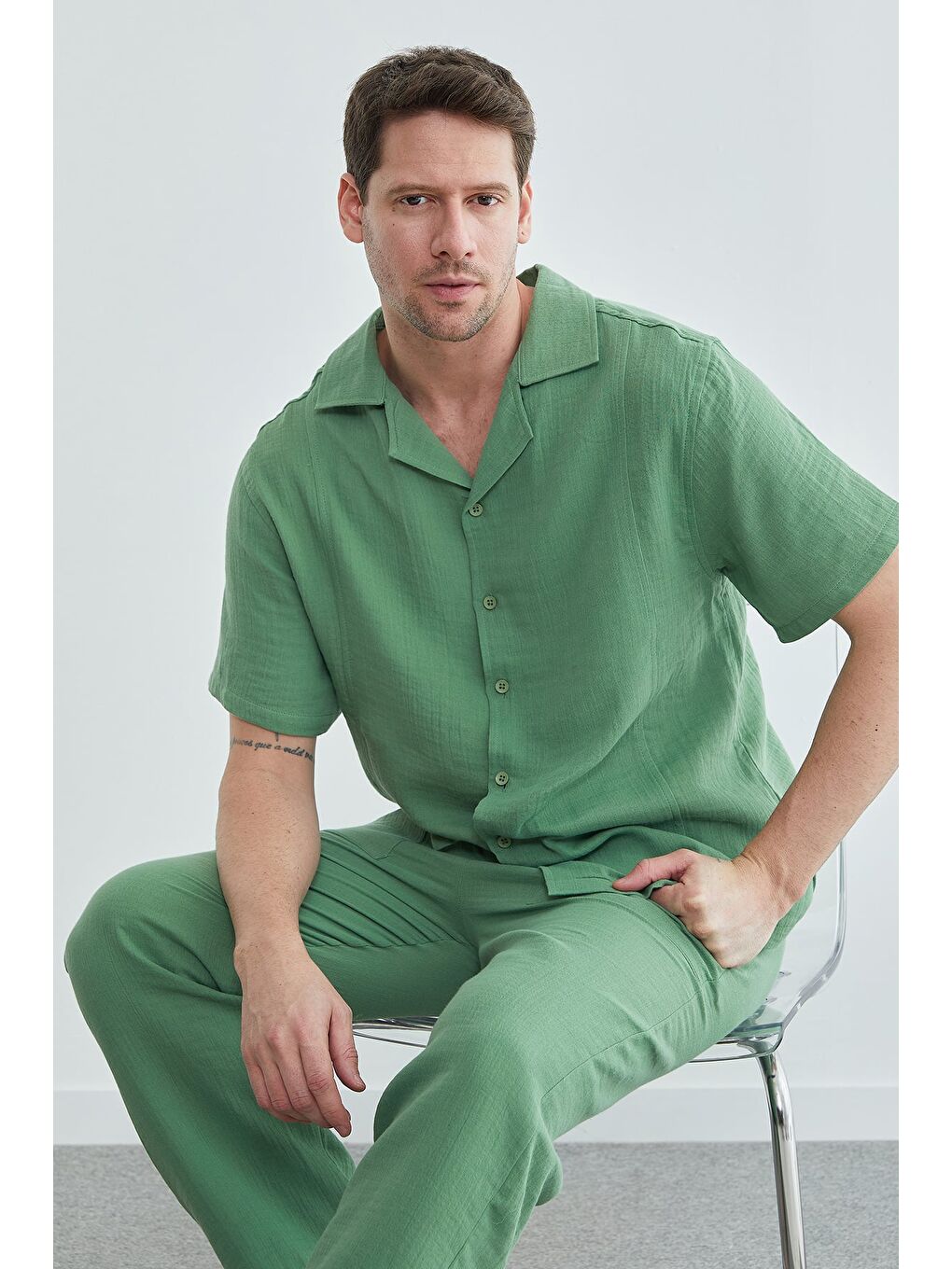 Yeşil Basic Müslin Kumaş Kısa Kol Gömlek