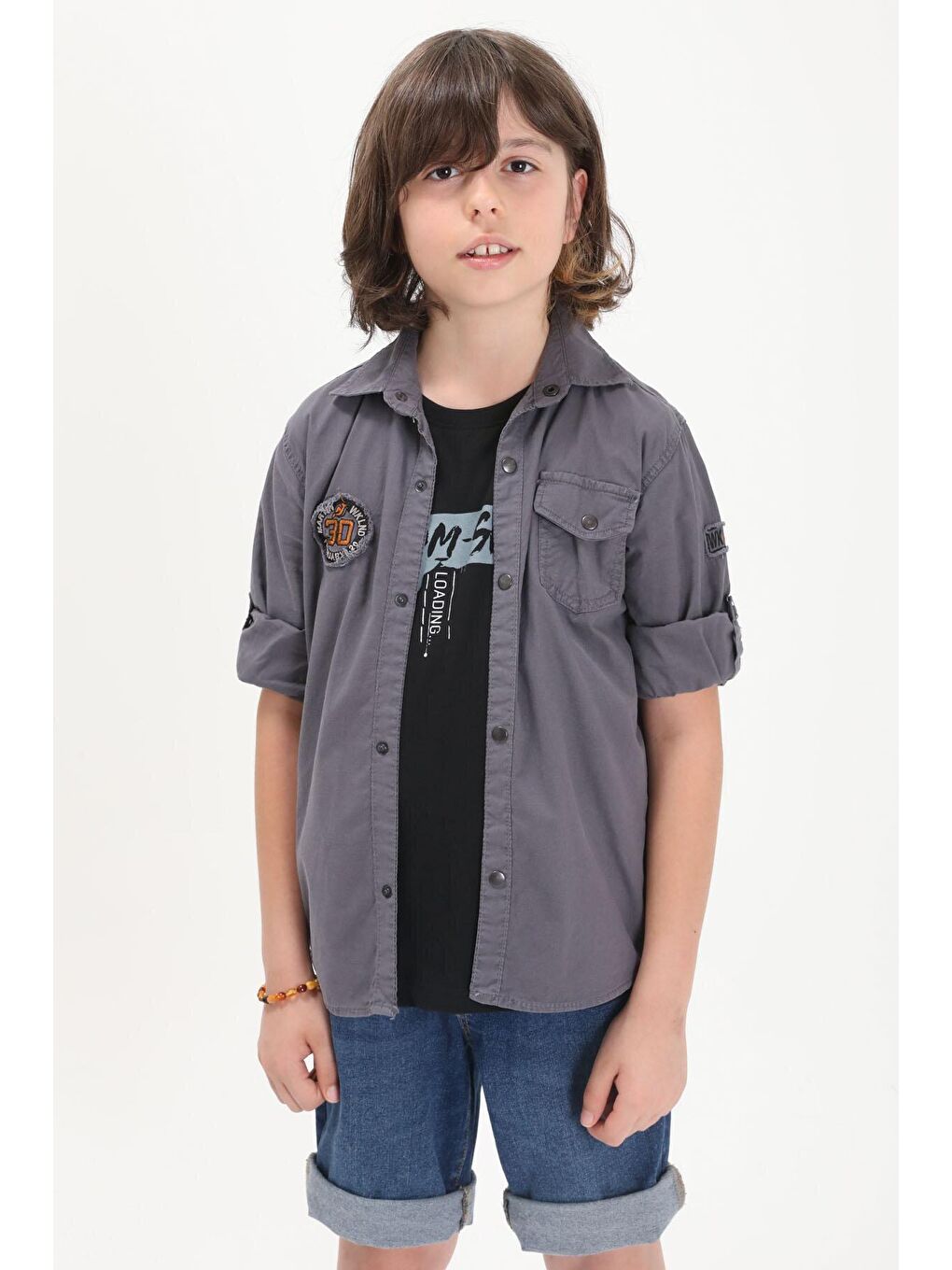 Gri Armalı Yazı Baskılı Tişörtlü Gömlek 16152-2