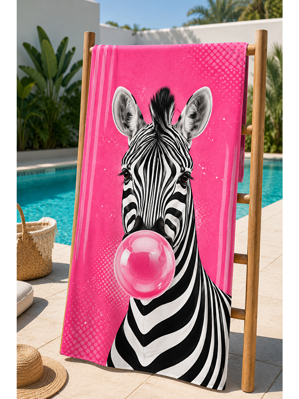 Beyaz Pembe Zebra Sakız Desenli 70x150 Plaj Havlusu-5