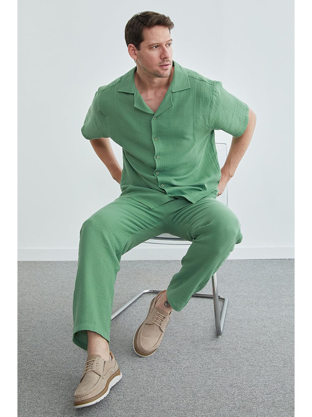 Yeşil Basic Müslin Kumaş Kısa Kol Gömlek-3