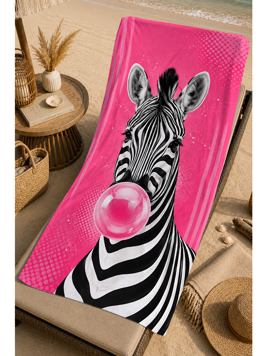 Beyaz Pembe Zebra Sakız Desenli 70x150 Plaj Havlusu-6