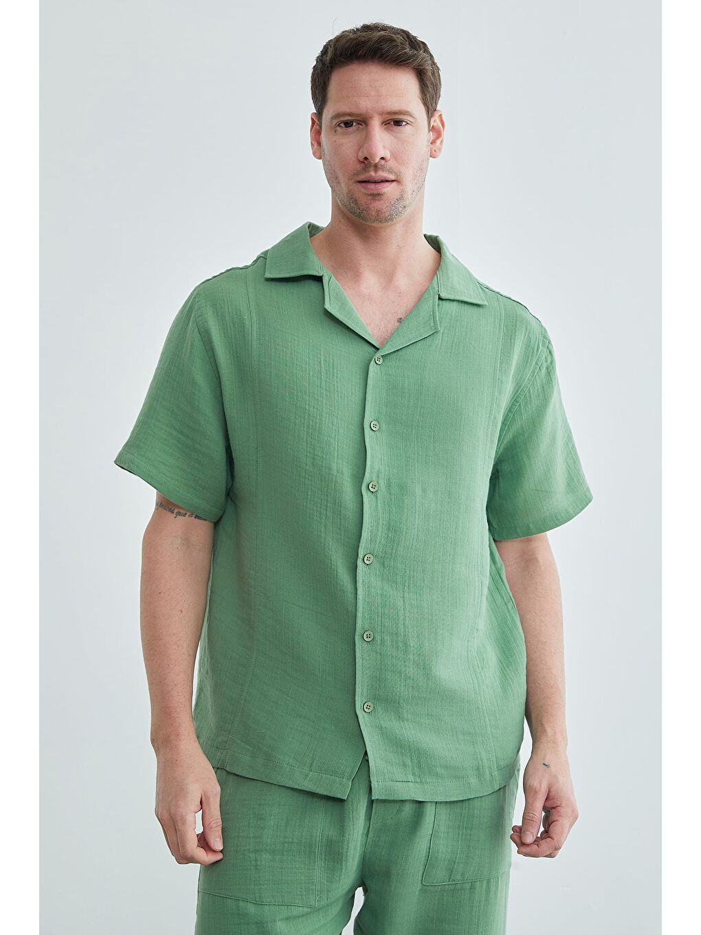 Yeşil Basic Müslin Kumaş Kısa Kol Gömlek-4