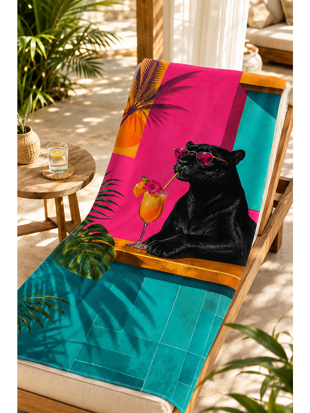 Turkuaz Siyah Panter Tropik Desenli 70x150 Plaj Havlusu-6