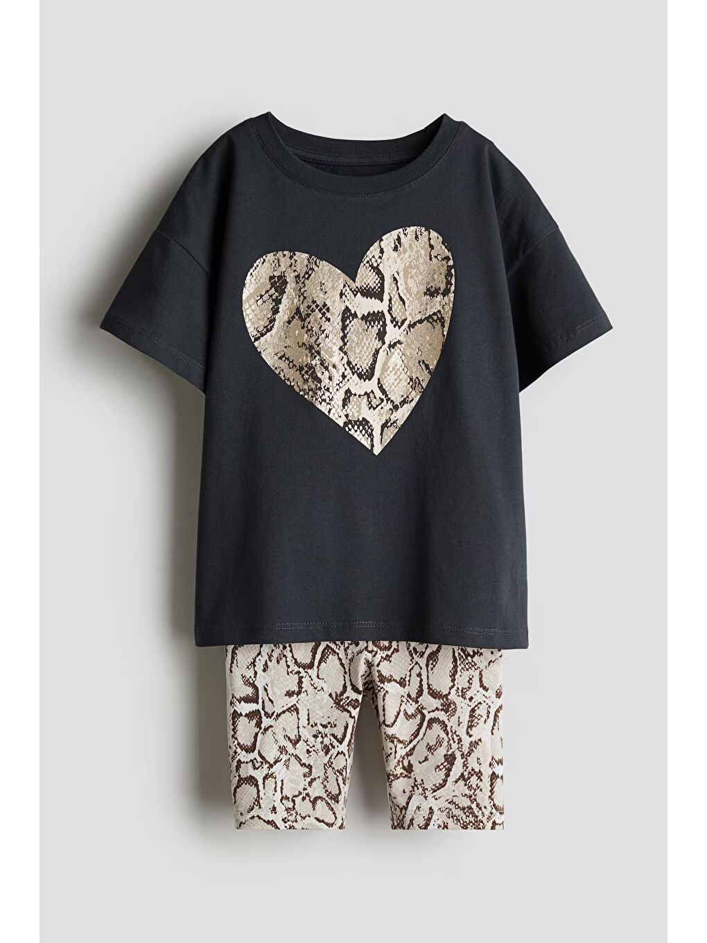 Karışık Kız Çocuk Pamuklu Siyah Desenli Kalpli T-Shirt Ve Şort Takım - Modern Stil