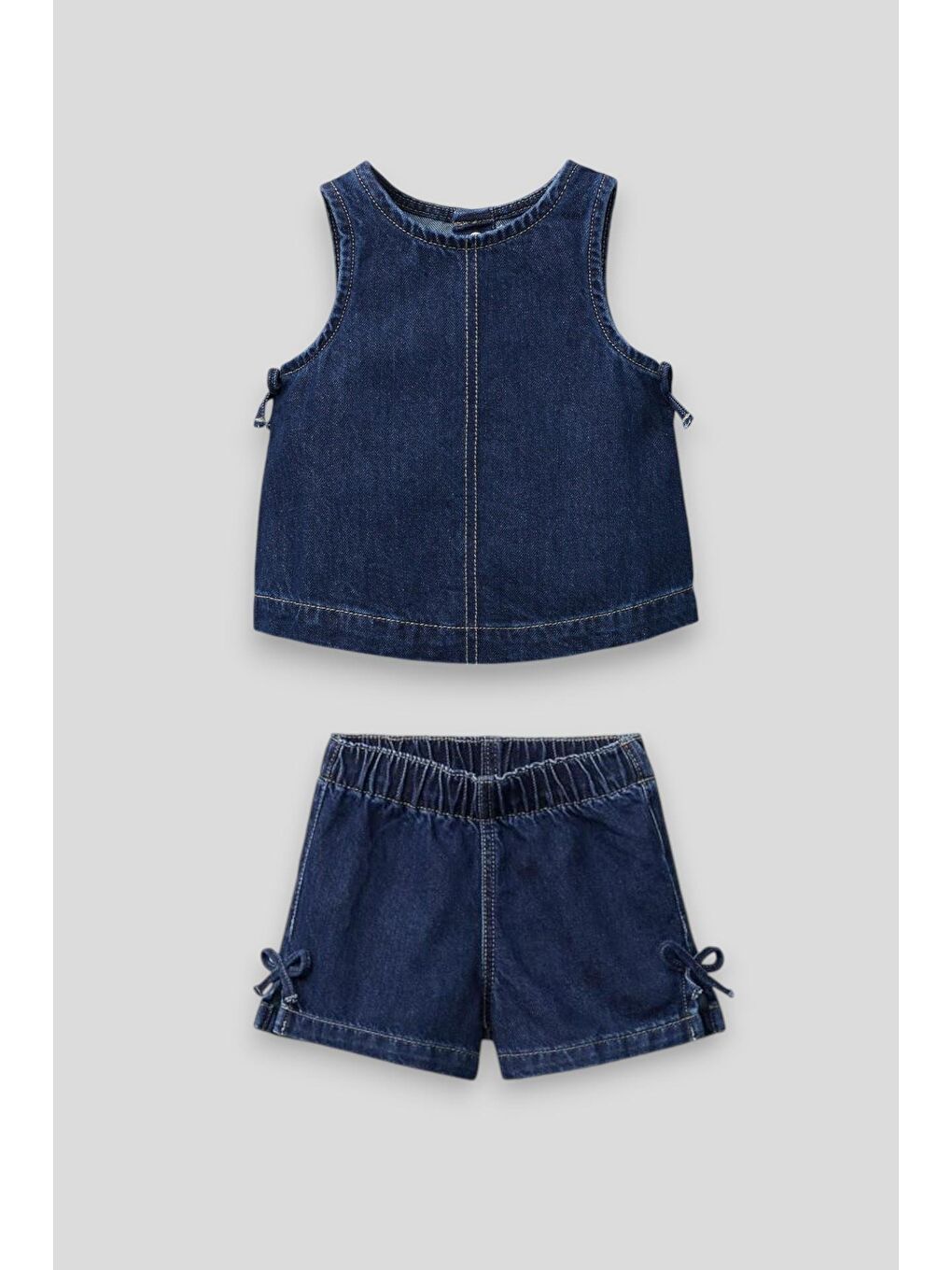 Kız Çocuk Pamuklu Koyu Mavi Fiyonklu Denim Şortlu Takım - Yazlık Askılı Model