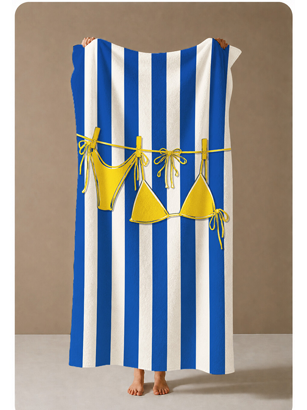 Ekru Mavi Beyaz Şerit Bikini Desenli 70x150 Plaj Havlusu