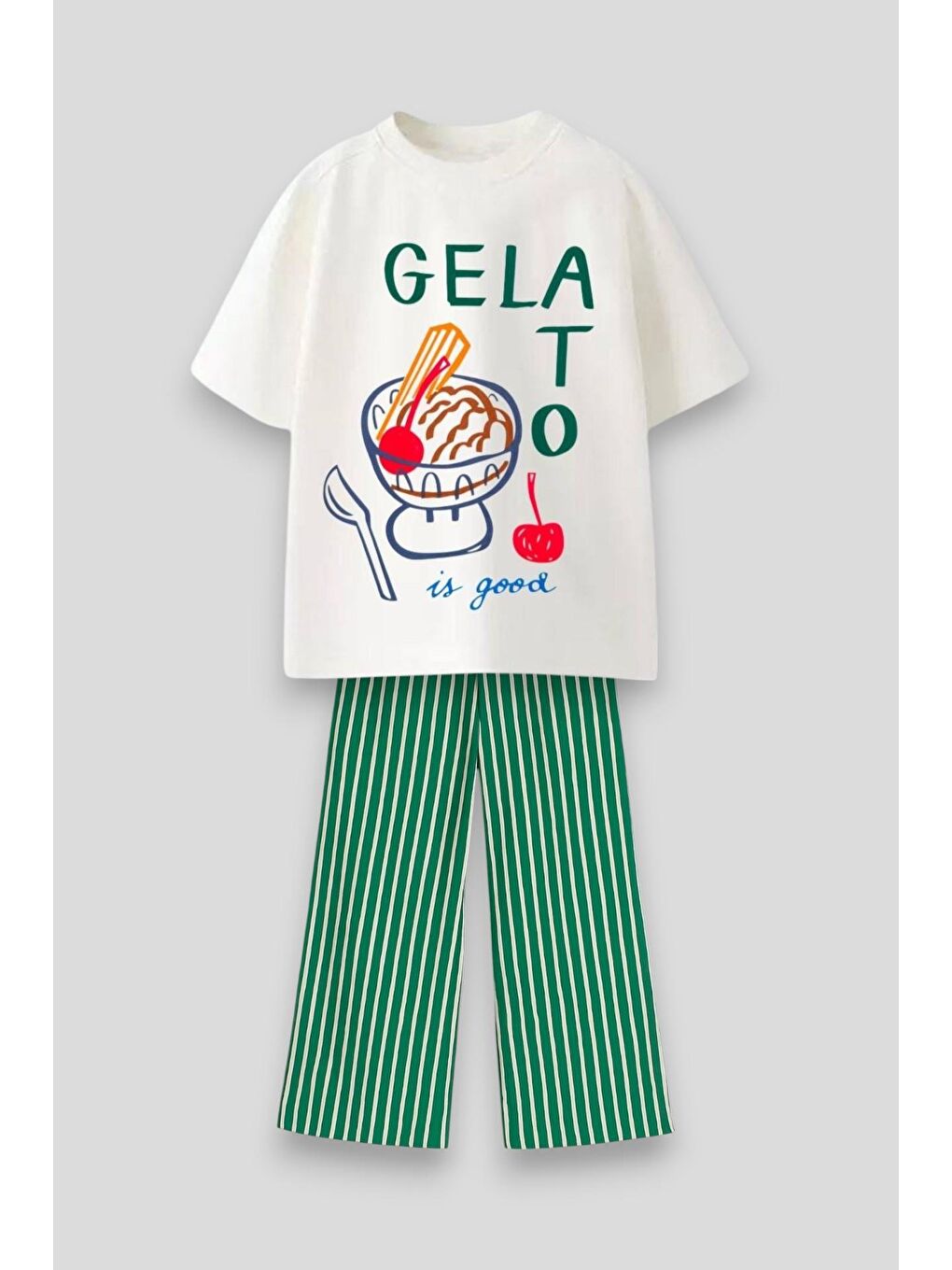 Unisex Çocuk Pamuklu Yeşil Çizgili Gelato Baskılı T-Shirt Takım - Yazlık Rahat Form