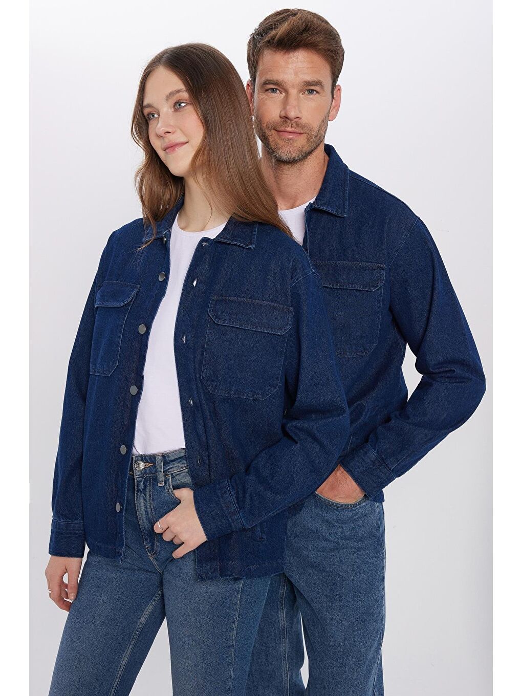 TUDORS Unisex  Relax Fit Rahat Kesim Denim Kapaklı Çift Cepli Lacivert Ceket Gömlek - 2