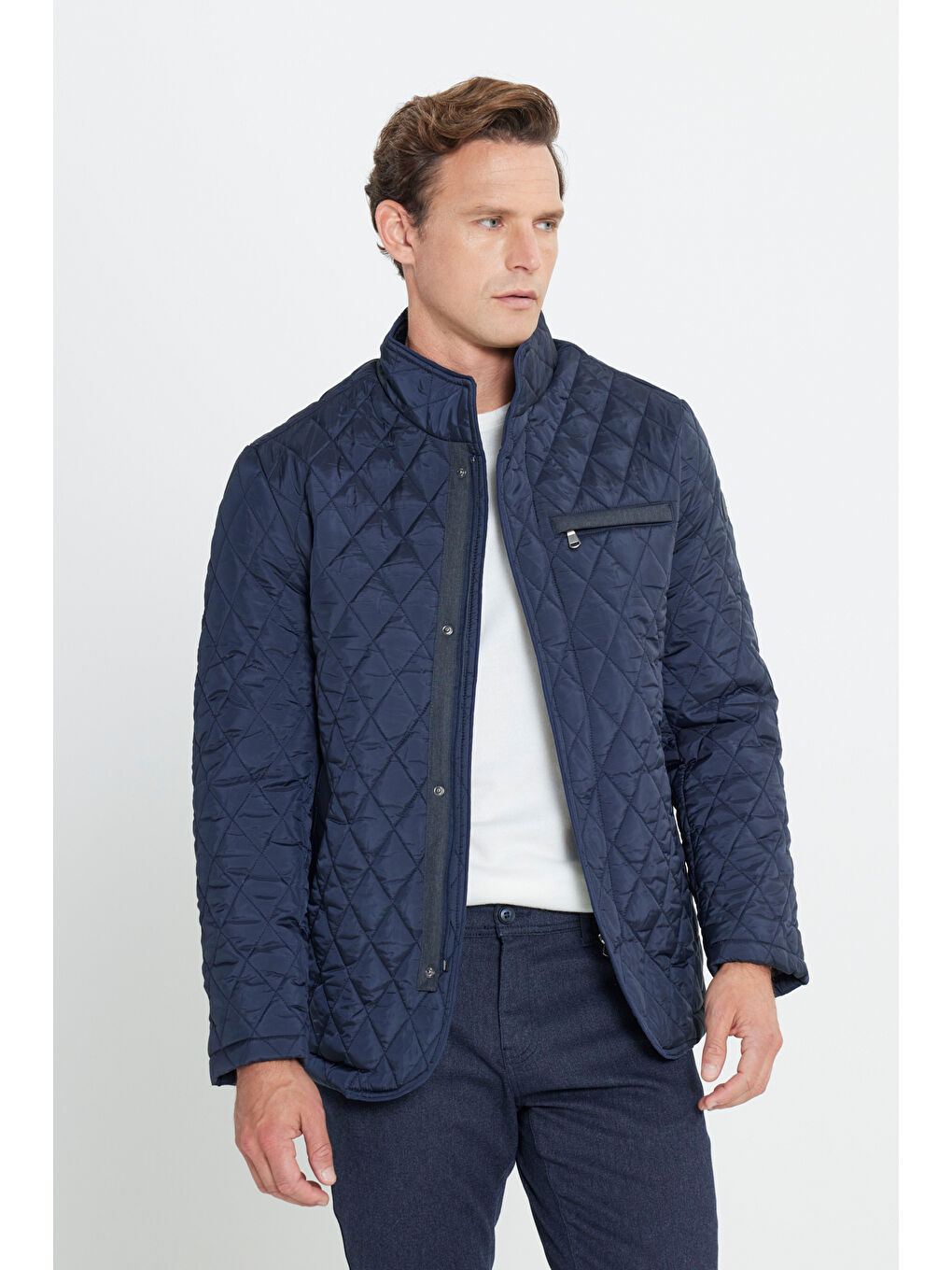 Erkek Lacivert Standart Fit Normal Kesim Dik Yaka Desenli Kapitone Overcoat